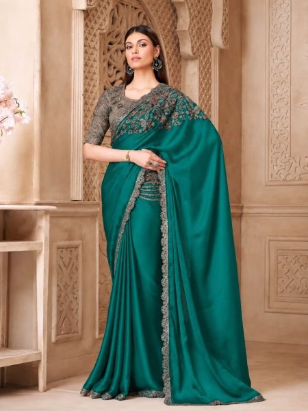 Dynamic Teal Green Fiona Satin Silk Saree with Tussar Silk Blouse Designer Collection Sarees 