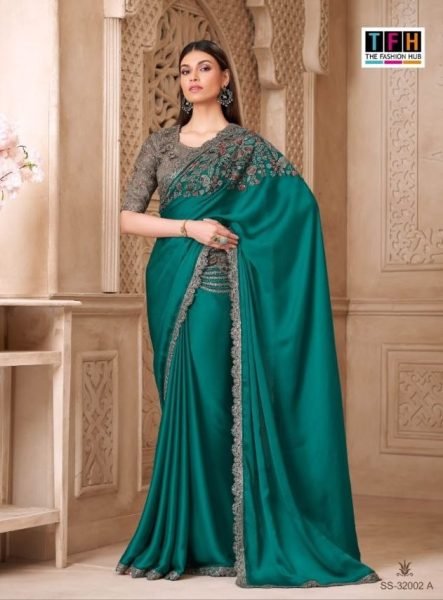 Dynamic Teal Green Fiona Satin Silk Saree with Tussar Silk Blouse Designer Collection Silk Sarees Wholesale