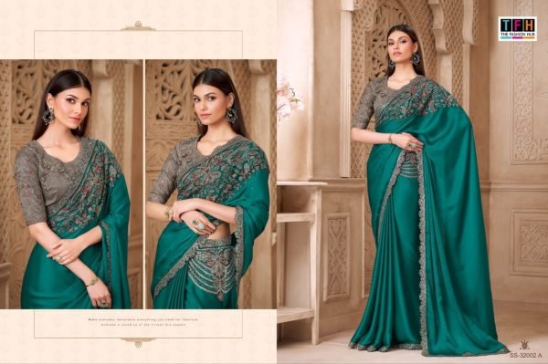 Dynamic Teal Green Fiona Satin Silk Saree with Tussar Silk Blouse Designer Collection Silk Sarees Wholesale