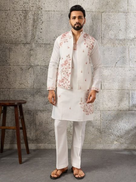Dynamic White Designer Art Silk Koti Kurta Pajama Set with Multi Thread Embroidery 