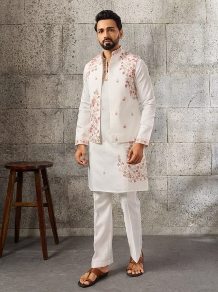 Dynamic White Designer Art Silk Koti Kurta Pajama Set with Multi Thread Embroidery Mens Short Kurta