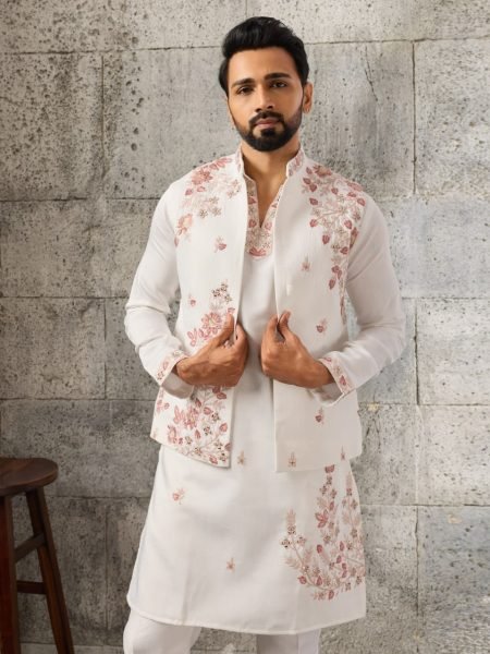 Dynamic White Designer Art Silk Koti Kurta Pajama Set with Multi Thread Embroidery Mens Short Kurta