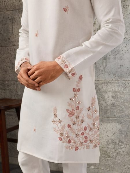 Dynamic White Designer Art Silk Koti Kurta Pajama Set with Multi Thread Embroidery Mens Short Kurta