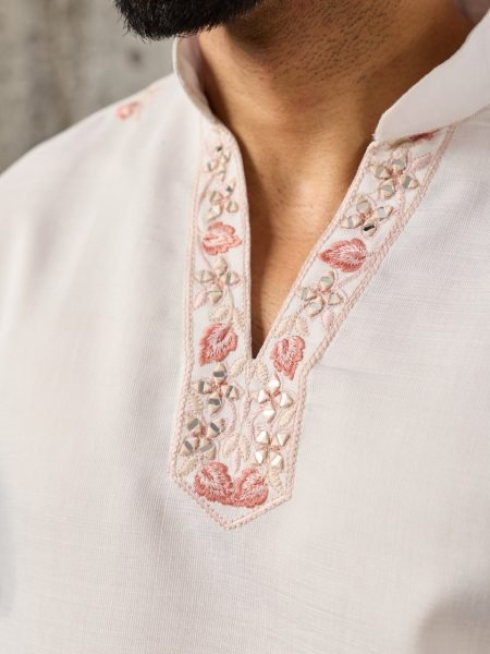 Dynamic White Designer Art Silk Koti Kurta Pajama Set with Multi Thread Embroidery Mens Short Kurta