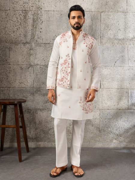 Dynamic White Designer Art Silk Koti Kurta Pajama Set with Multi Thread Embroidery Mens Short Kurta