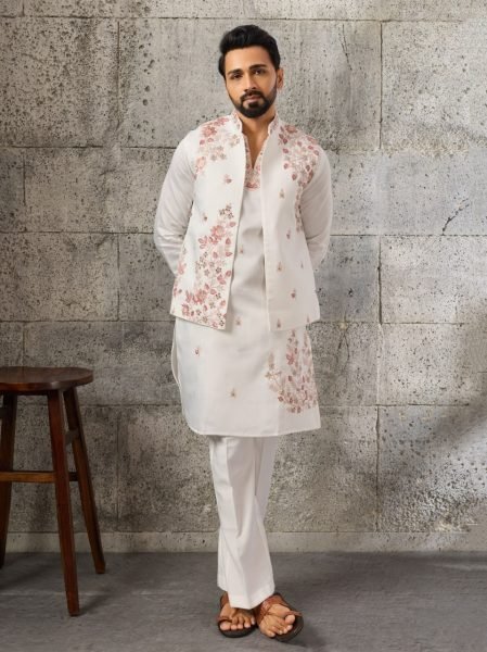 Dynamic White Designer Art Silk Koti Kurta Pajama Set with Multi Thread Embroidery Mens Short Kurta