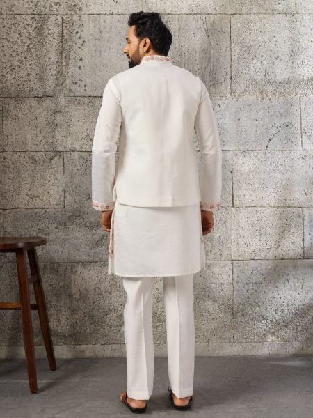 Dynamic White Designer Art Silk Koti Kurta Pajama Set with Multi Thread Embroidery Mens Short Kurta