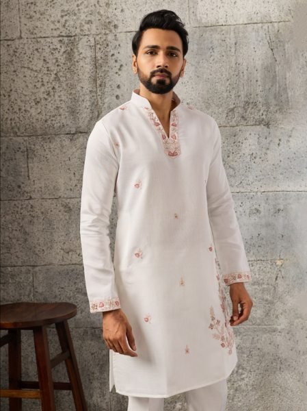 Dynamic White Designer Art Silk Koti Kurta Pajama Set with Multi Thread Embroidery Mens Short Kurta