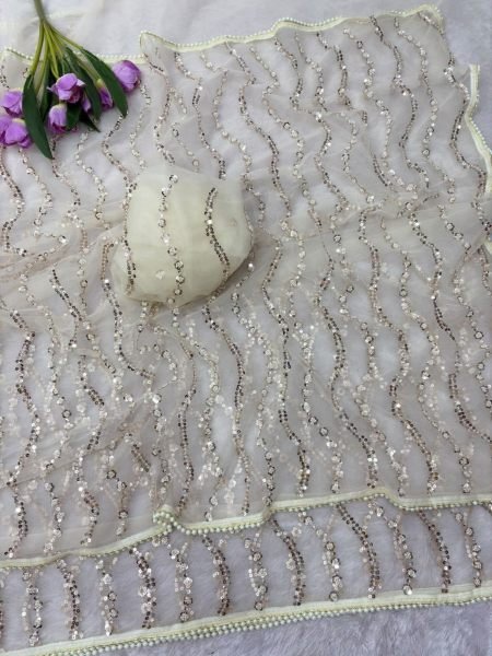 Dynamic White Elegant Butterfly Net Saree with Sequin Work and Matching Blouse 