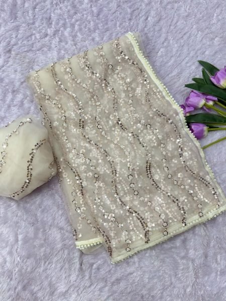 Dynamic White Elegant Butterfly Net Saree with Sequin Work and Matching Blouse Bollywood Fancy Sarees Wholesale