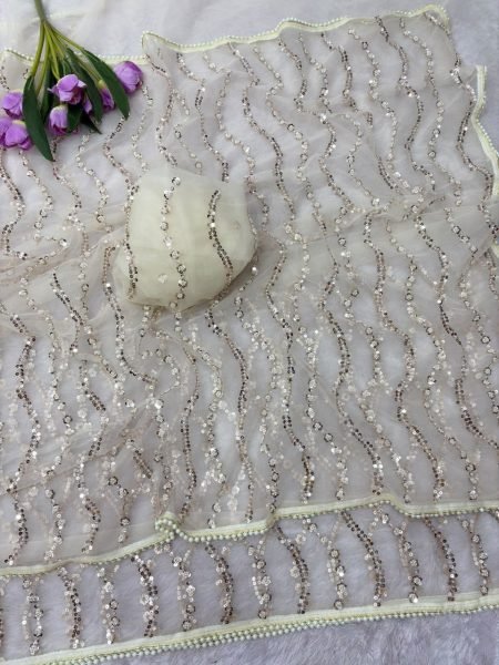 Dynamic White Elegant Butterfly Net Saree with Sequin Work and Matching Blouse Bollywood Fancy Sarees Wholesale
