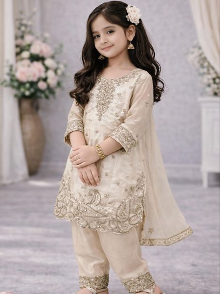 Dynamic White Girls Top Palazzo Set with Dupatta for Ramzan Collection 