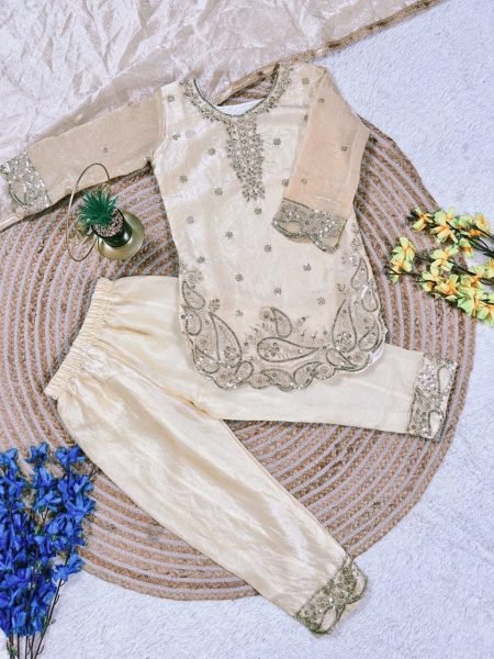 Dynamic White Girls Top Palazzo Set with Dupatta for Ramzan Collection Girls Wear