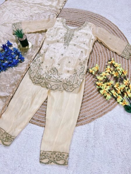 Dynamic White Girls Top Palazzo Set with Dupatta for Ramzan Collection Girls Wear