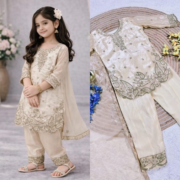 Dynamic White Girls Top Palazzo Set with Dupatta for Ramzan Collection Girls Wear