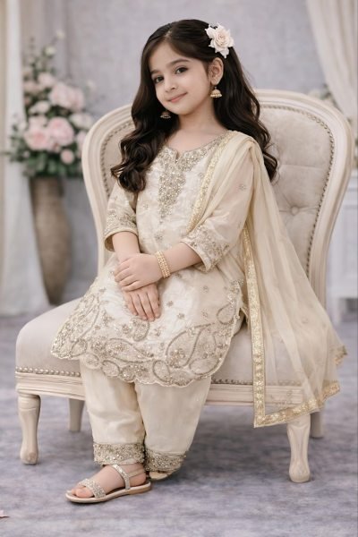 Dynamic White Girls Top Palazzo Set with Dupatta for Ramzan Collection Girls Wear