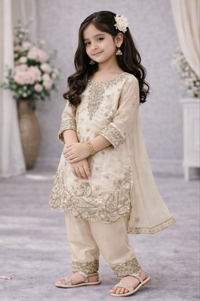 Dynamic White Girls Top Palazzo Set with Dupatta for Ramzan Collection Girls Wear