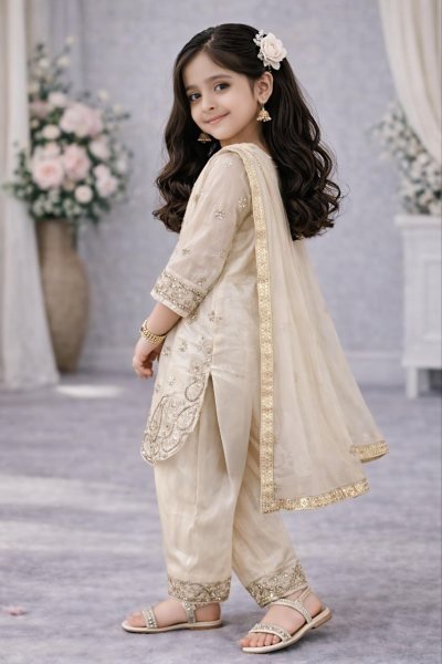 Dynamic White Girls Top Palazzo Set with Dupatta for Ramzan Collection Girls Wear