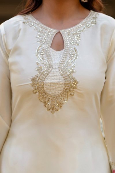 Dynamic White Japan Satin Kurti Patiala Set with Dupatta for Women Embroidery Kurtis 