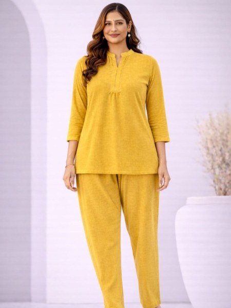 Dynamic Yellow Cotton Blend Plain Kurti Pant Set for Daily and Office Wear Kurtis