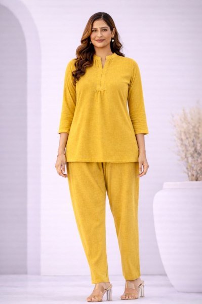 Dynamic Yellow Cotton Blend Plain Kurti Pant Set for Daily and Office Wear CO ORD Sets