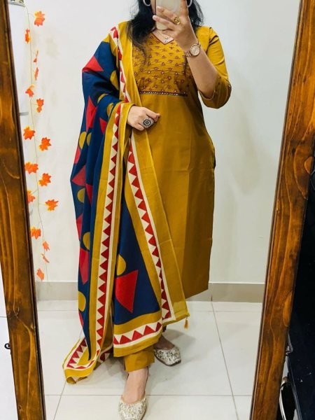 Dynamic Yellow Heavy Cotton Embroidered Kurta Set with Dupatta for Festive Wear Cotton Kurtis Wholesale