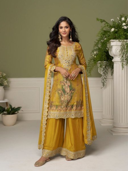 Dynamic Yellow Women's Heavy Chinon Silk Suit Set with Mirror and Stone Work 