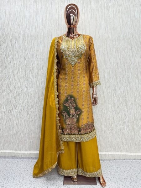 Dynamic Yellow Women's Heavy Chinon Silk Suit Set with Mirror and Stone Work Designer Plazzo Salwar Suits Wholesale