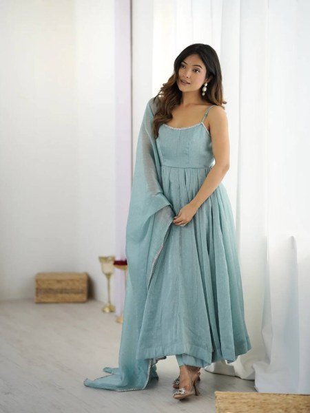 Earthy Ice Blue Crunch Silk Heavy Hotfixing Work Suit With 3.5 Meter Flair And Pant Dupatta Set Ready To Wear Collection