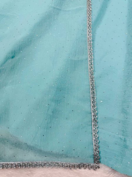 Earthy Ice Blue Crunch Silk Heavy Hotfixing Work Suit With 3.5 Meter Flair And Pant Dupatta Set Ready To Wear Collection