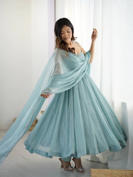 Earthy Ice Blue Crunch Silk Heavy Hotfixing Work Suit With 3.5 Meter Flair And Pant Dupatta Set Ready To Wear Collection