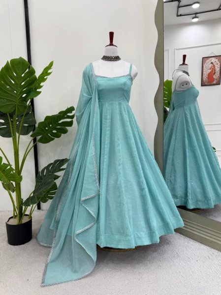Earthy Ice Blue Crunch Silk Heavy Hotfixing Work Suit With 3.5 Meter Flair And Pant Dupatta Set Ready To Wear Collection