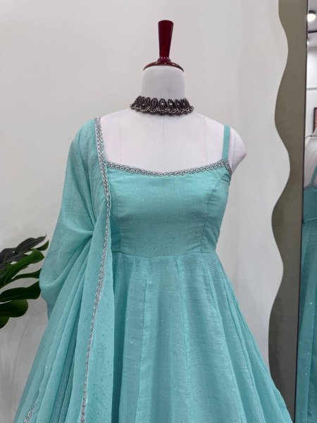 Earthy Ice Blue Crunch Silk Heavy Hotfixing Work Suit With 3.5 Meter Flair And Pant Dupatta Set Ready To Wear Collection