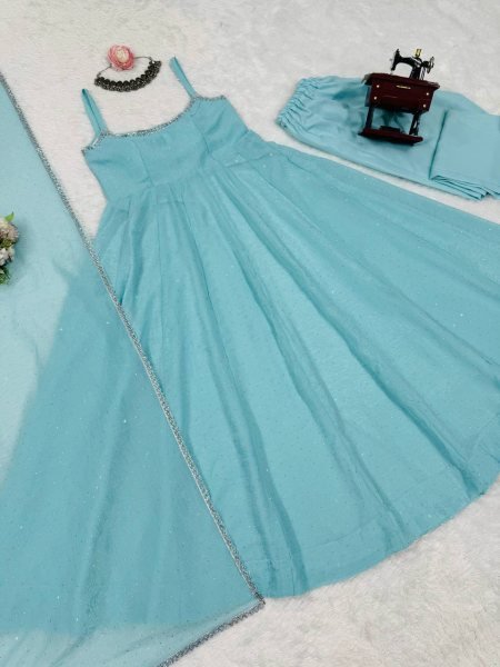 Earthy Ice Blue Crunch Silk Heavy Hotfixing Work Suit With 3.5 Meter Flair And Pant Dupatta Set Ready To Wear Collection