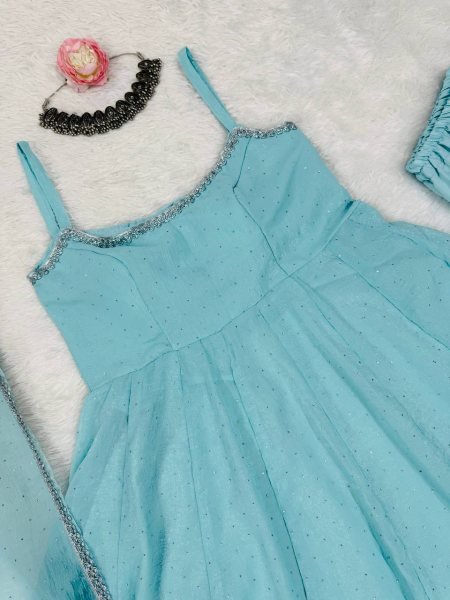 Earthy Ice Blue Crunch Silk Heavy Hotfixing Work Suit With 3.5 Meter Flair And Pant Dupatta Set Ready To Wear Collection