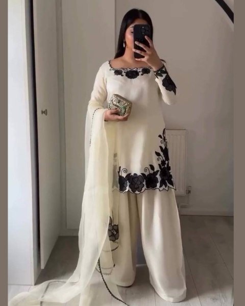 Easy Wear White  Fendy Silk Embroidered Top Farshi Pant Set with Lace Dupatta