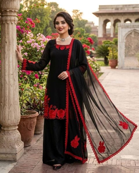 Fresh Red Fendy Silk Farshi Pant Set with  Thread And Sequnce Dupatta
