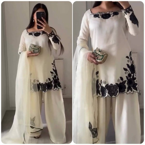 Easy Wear White  Fendy Silk Embroidered Top Farshi Pant Set with Lace Dupatta Ready To Wear Collection