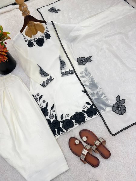 Easy Wear White  Fendy Silk Embroidered Top Farshi Pant Set with Lace Dupatta Ready To Wear Collection