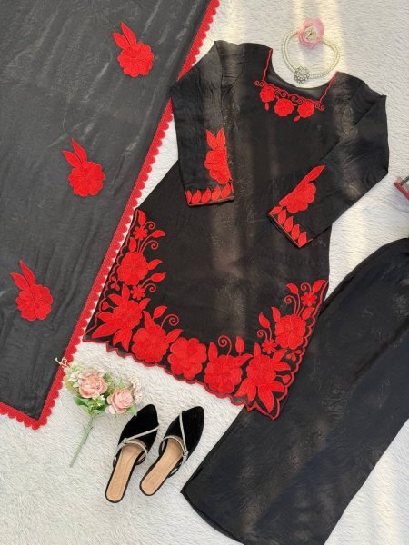 Fresh Red Fendy Silk Farshi Pant Set with  Thread And Sequnce Dupatta Ready To Wear Collection