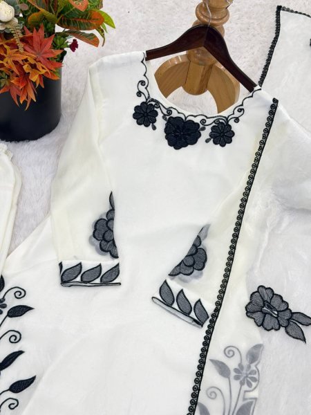 Easy Wear White  Fendy Silk Embroidered Top Farshi Pant Set with Lace Dupatta Ready To Wear Collection