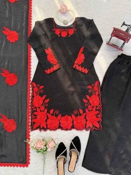 Fresh Red Fendy Silk Farshi Pant Set with  Thread And Sequnce Dupatta Ready To Wear Collection