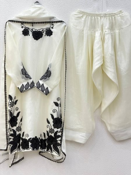 Easy Wear White  Fendy Silk Embroidered Top Farshi Pant Set with Lace Dupatta Ready To Wear Collection