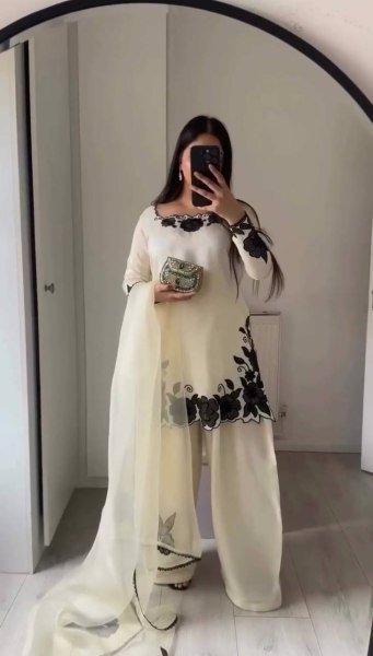Easy Wear White  Fendy Silk Embroidered Top Farshi Pant Set with Lace Dupatta Ready To Wear Collection