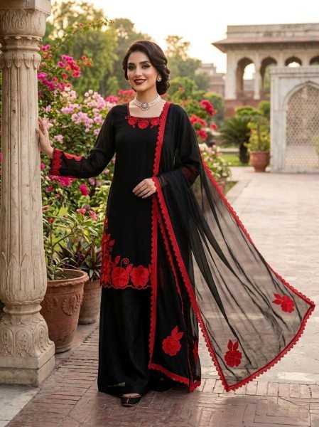 Fresh Red Fendy Silk Farshi Pant Set with  Thread And Sequnce Dupatta Ready To Wear Collection