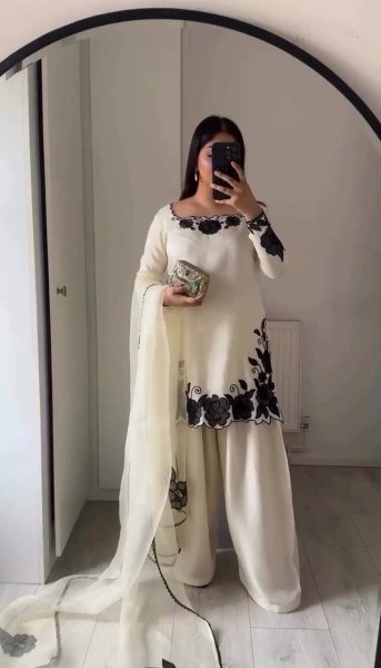 Easy Wear White  Fendy Silk Embroidered Top Farshi Pant Set with Lace Dupatta Ready To Wear Collection