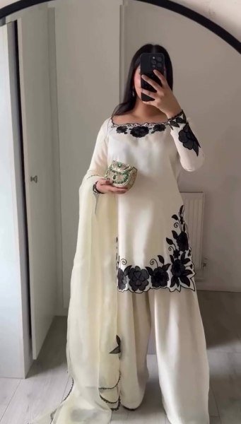 Easy Wear White  Fendy Silk Embroidered Top Farshi Pant Set with Lace Dupatta Ready To Wear Collection