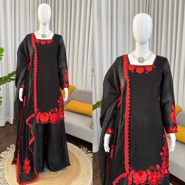 Fresh Red Fendy Silk Farshi Pant Set with  Thread And Sequnce Dupatta Ready To Wear Collection