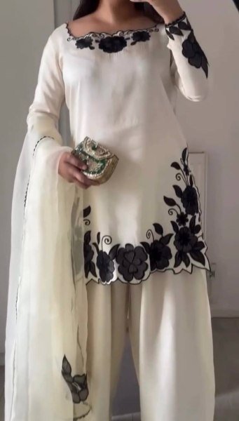 Easy Wear White  Fendy Silk Embroidered Top Farshi Pant Set with Lace Dupatta Ready To Wear Collection
