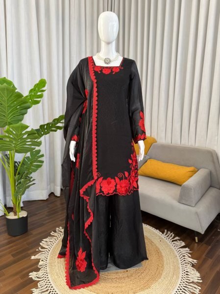 Fresh Red Fendy Silk Farshi Pant Set with  Thread And Sequnce Dupatta Ready To Wear Collection